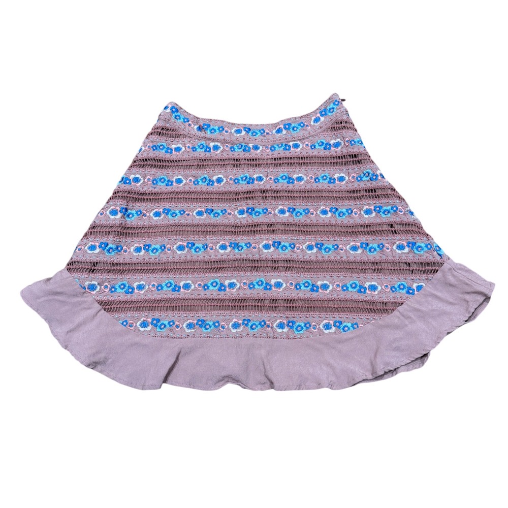 For Love & Lemons Pink Floral Embroidered Crochet Ruffle Mini Skirt Small Boho